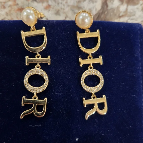 Dior Gold and Pearl Logo Earrings - Picture 1 of 5